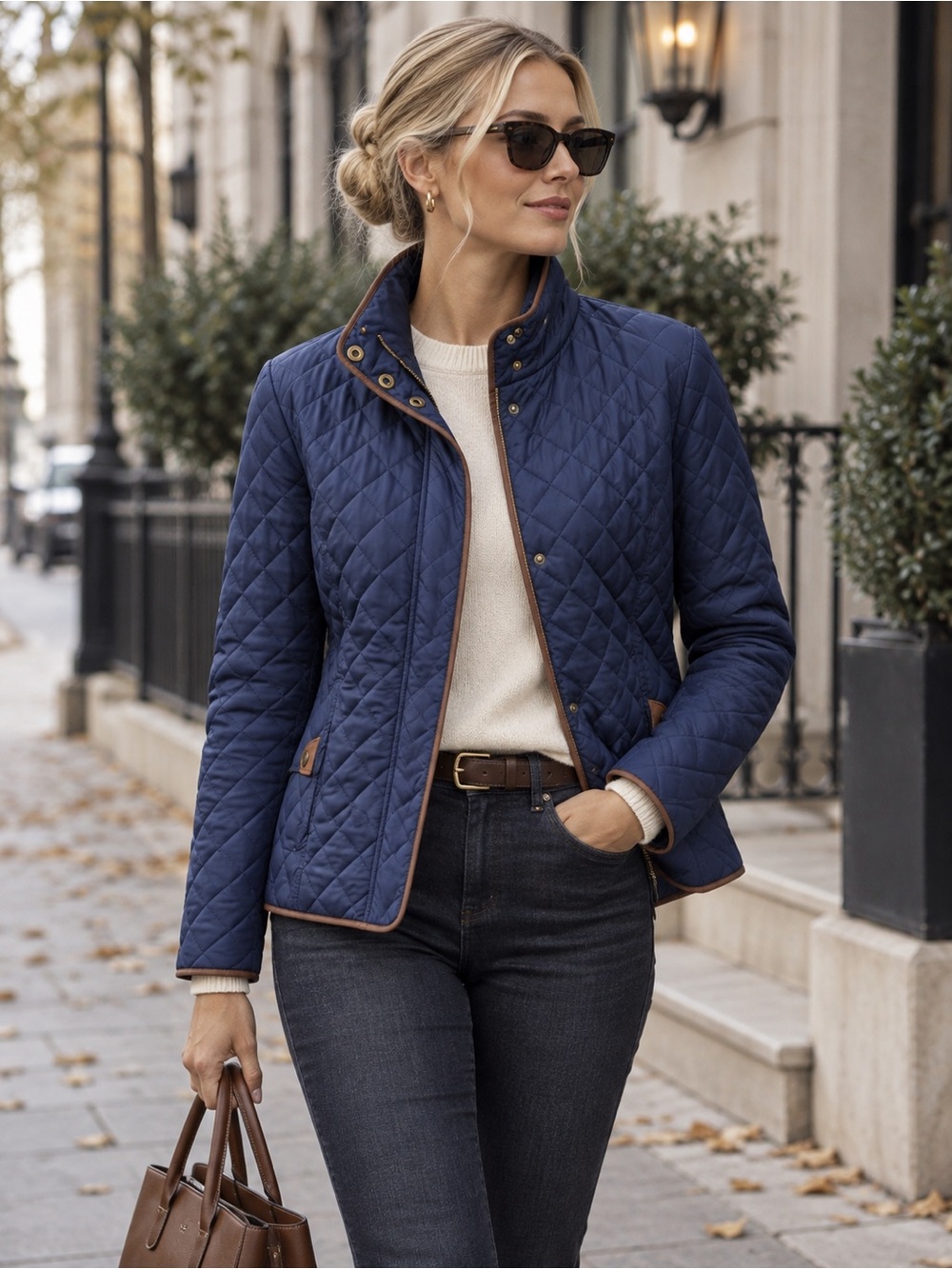Lauren Ralph Lauren Navy Blue Diamond Quilted Jacket Brown Faux Suede Trim M